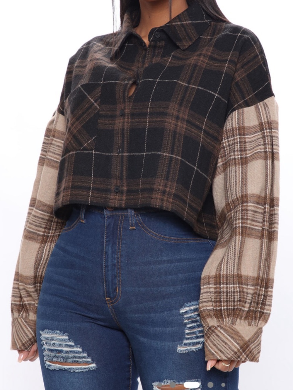 NWOT Fashion Nova Black & Brown Plaid Cropped Button-Up